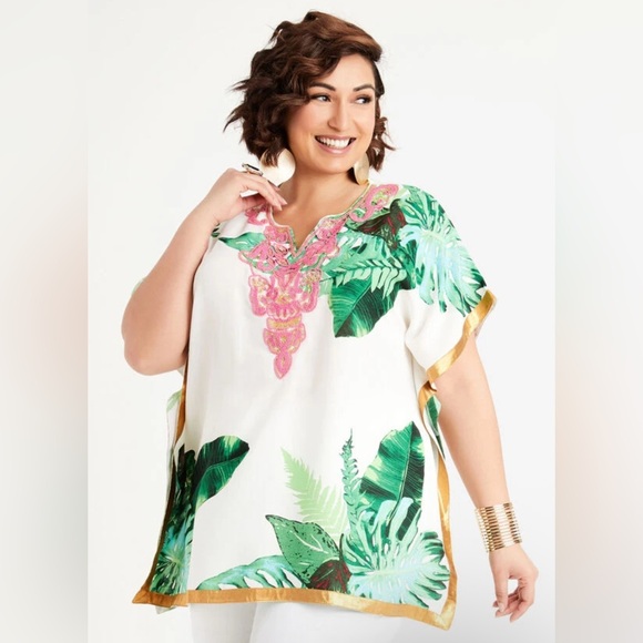 Ashley Stewart Women 26 Tropical Beaded Poncho Top or Cover Up Caftan Vneck Swim - Picture 1 of 10